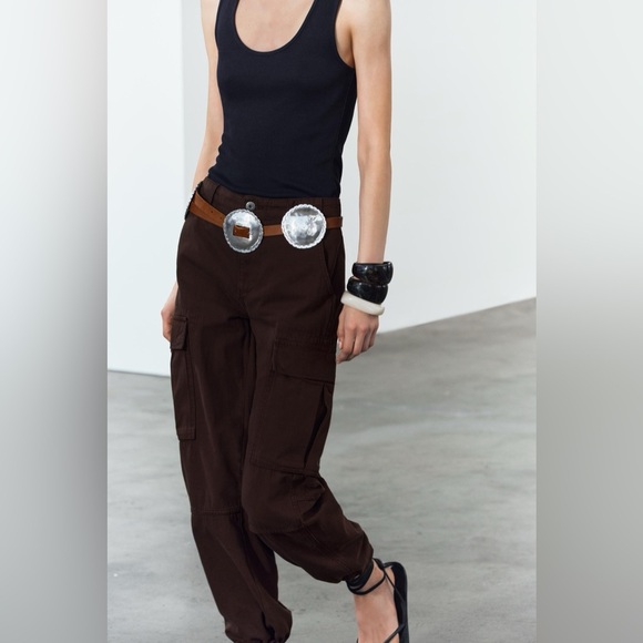 NWT. Zara Brown Leather Belt with Embossed Metal Buckle. Size 32. main image 8